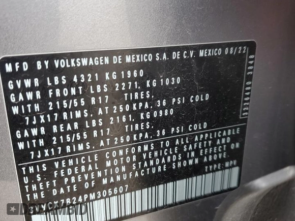 2023 Volkswagen Taos S с VIN 3VVCX7B24PM305607, выставлен на аукционе Copart как лот 51692665 с пробегом 16 871 миль миль и Списание • Salvage title. История ставок и продаж доступна на DreamBid. Изображение 13.
