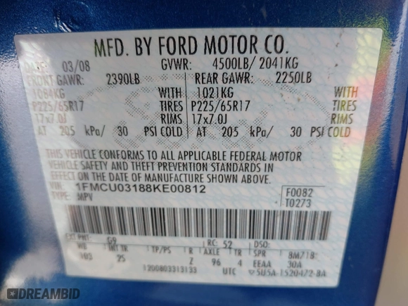 2008 Ford Escape XLT with VIN 1FMCU03188KE00812, listed as a IAAI auction lot 42015999 with 106,111 mi miles. Bid and sale history available at carsss.com. Image 9.