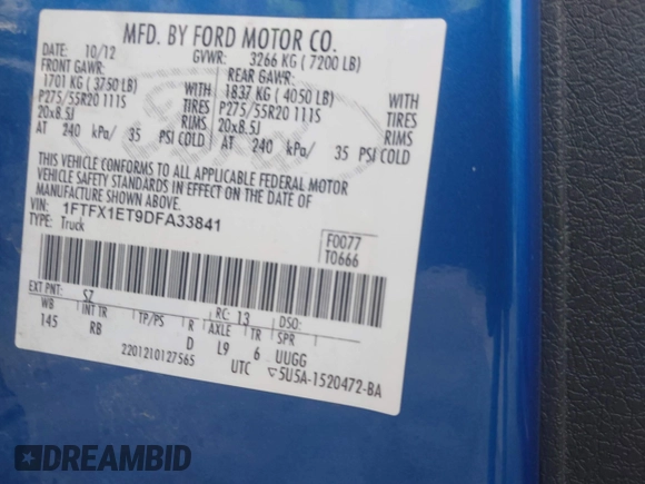 2013 Ford F-150 XL with VIN 1FTFX1ET9DFA33841, listed as a IAAI auction lot 41870005 with 137,911 mi miles and . Bid and sale history available at DreamBid. Image 9.