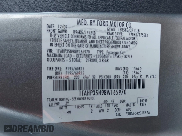 2008 Ford Focus SE with VIN 1FAHP35N98W165970, listed as a IAAI auction lot 42028598 with 242,004 mi miles and . Bid and sale history available at carsss.com. Image 9.