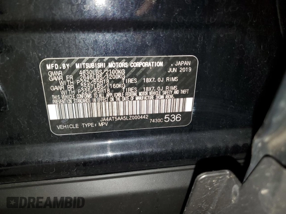 2020 Mitsubishi Eclipse Cross SE z VIN JA4AT5AA5LZ000442, wystawiony jako Copart lot #54491915 z przebiegiem 81 225 mil mil oraz Szkoda całkowita • Salvage title. Historia ofert i sprzedaży dostępna na DreamBid. Obrazek 13.