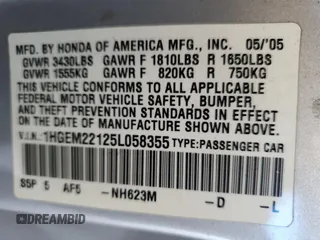 2005 Honda Civic VP z VIN 1HGEM22125L058355, wystawiony jako Copart lot #46894035 z przebiegiem Nie podano mil oraz Szkoda całkowita • Salvage title. Historia ofert i sprzedaży dostępna na DreamBid. Obrazek 12.