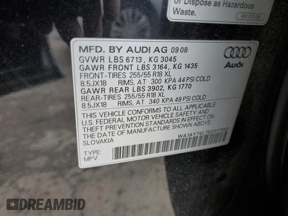 2009 Audi Q7 with VIN WA1AY74L79D017565, listed as a Copart auction lot 53147305 with 158,857 mi miles and Salvage Title. Bid and sale history available at carsss.com. Image 13.