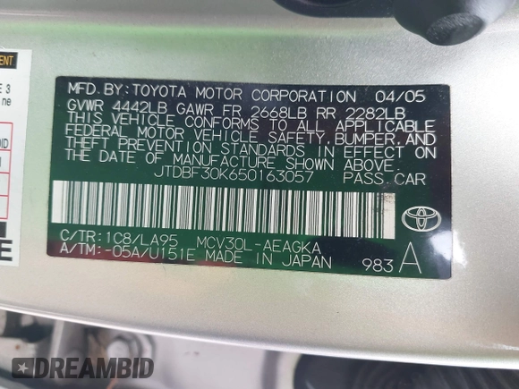 2005 Toyota Camry LE with VIN JTDBF30K650163057, listed as a IAAI auction lot 41730270 with 98,300 mi miles and . Bid and sale history available at DreamBid. Image 9.