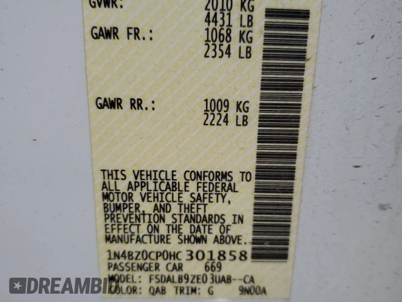 2017 Nissan LEAF S with VIN 1N4BZ0CP0HC301858, listed as a Copart auction lot 52123115 with 46,148 mi miles and Salvage Title. Bid and sale history available at carsss.com. Image 13.