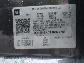 2018 Chevrolet Tahoe LT с VIN 1GNSKBKC1JR377785, выставлен на аукционе IAAI как лот 41950896 с пробегом 102 204 миль миль и . История ставок и продаж доступна на DreamBid. Изображение 9.