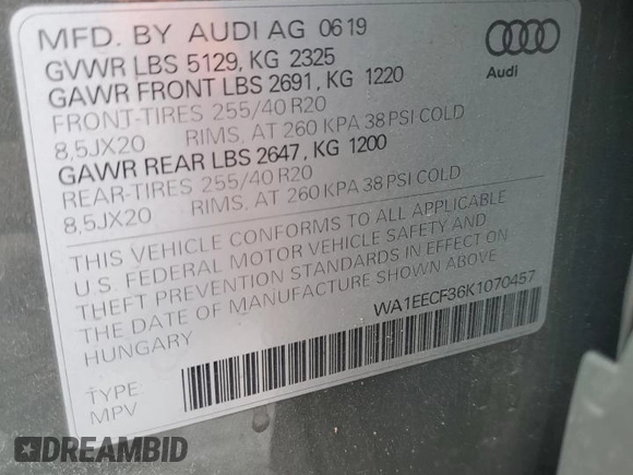 2019 Audi Q3 S line Premium Plus with VIN WA1EECF36K1070457, listed as a Copart auction lot 85830154 with 53,075 mi miles and Salvage Title. Bid and sale history available at carsss.com. Image 15.
