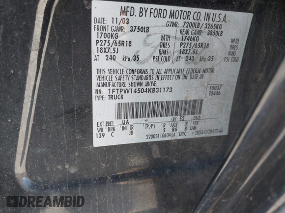 2004 Ford F-150 XLT with VIN 1FTPW14504KB31173, listed as a IAAI auction lot 41795466 with 192,950 mi miles. Bid and sale history available at carsss.com. Image 9.