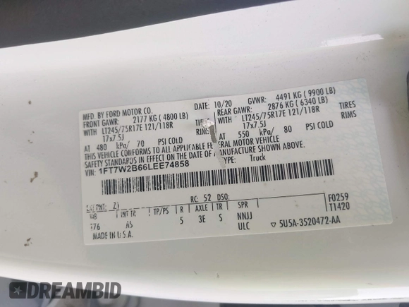 2020 Ford F-250 XL z VIN 1FT7W2B66LEE74858, wystawiony jako IAAI lot #41453320 z przebiegiem 152 935 mil mil oraz . Historia ofert i sprzedaży dostępna na DreamBid. Obrazek 9.