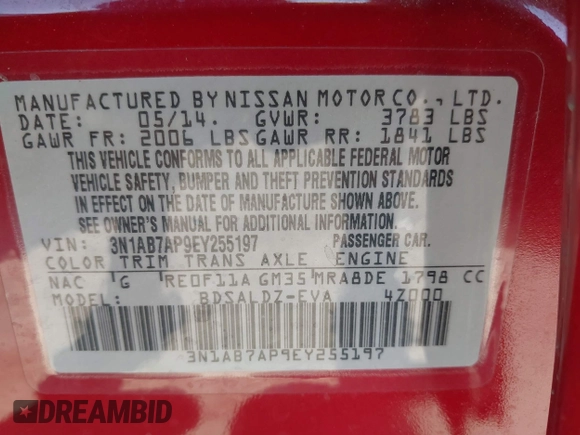 2014 Nissan Sentra SV z VIN 3N1AB7AP9EY255197, wystawiony jako IAAI lot #42353604 z przebiegiem 126 498 mil mil oraz . Historia ofert i sprzedaży dostępna na DreamBid. Obrazek 9.