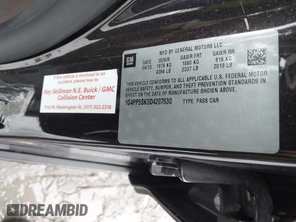 2013 Buick Verano with VIN 1G4PP5SK3D4207630, listed as a IAAI auction lot 41957231 with 179,239 mi miles and . Bid and sale history available at DreamBid. Image 9.
