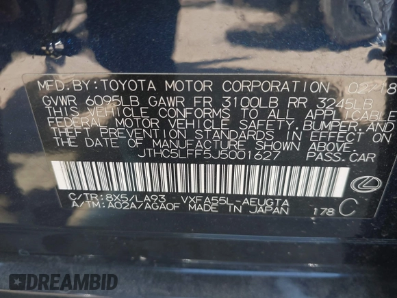 2018 Lexus LS with VIN JTHC5LFF5J5001627, listed as a IAAI auction lot 42021175 with 1 mi miles. Bid and sale history available at carsss.com. Image 9.