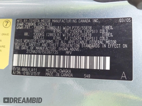2005 Lexus RX 330 with VIN 2T2HA31U15C067735, listed as a IAAI auction lot 41660583 with 135,787 mi miles and . Bid and sale history available at DreamBid. Image 9.
