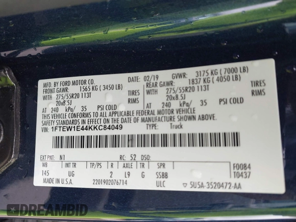 2019 Ford F-150 XL with VIN 1FTEW1E44KKC84049, listed as a IAAI auction lot 41132528 with 108,388 mi miles. Bid and sale history available at carsss.com. Image 9.