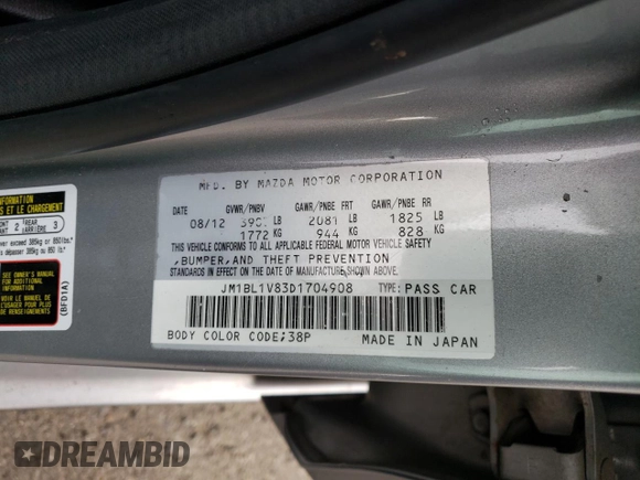 2013 Mazda 3 i Touring with VIN JM1BL1V83D1704908, listed as a Copart auction lot 49739855 with 178,206 mi miles and Salvage Title. Bid and sale history available at DreamBid. Image 12.