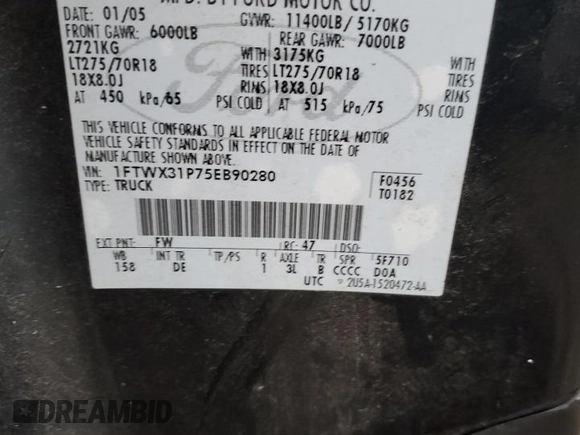 2005 Ford F-350 XL with VIN 1FTWX31P75EB90280, listed as a Copart auction lot 44736335 with Not provided miles and Clean title. Bid and sale history available at DreamBid. Image 12.