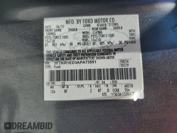 2010 Ford Ranger XL z VIN 1FTKR1ED3APA73551, wystawiony jako Copart lot #62852705 z przebiegiem 253 780 mil mil oraz Czysty tytuł • Clean title. Historia ofert i sprzedaży dostępna na DreamBid. Obrazek 12.