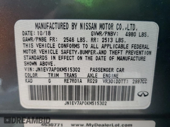 2019 Infiniti Q50 3.0t Signature Edition with VIN JN1EV7AP0KM515302, listed as a Copart auction lot 88925315 with 94,950 mi miles and Salvage Title. Bid and sale history available at carsss.com. Image 12.