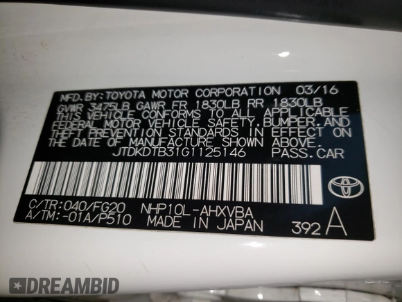 2016 Toyota Prius One with VIN JTDKDTB31G1125146, listed as a Copart auction lot 51676605 with 77,122 mi miles and Clean Title. Bid and sale history available at DreamBid. Image 13.