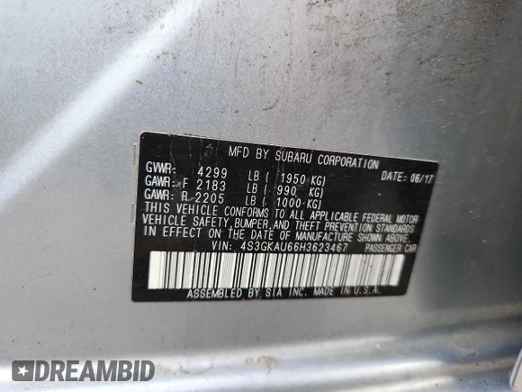 2017 Subaru Impreza Limited with VIN 4S3GKAU66H3623467, listed as a Copart auction lot 62834835 with 48,484 mi miles and Salvage title. Bid and sale history available at DreamBid. Image 12.