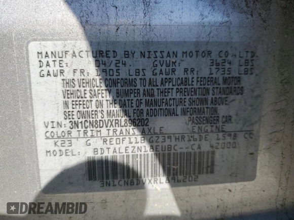 2024 Nissan Versa S with VIN 3N1CN8DVXRL896202, listed as a Copart auction lot 52783645 with 22,496 mi miles and Salvage Title. Bid and sale history available at DreamBid. Image 12.