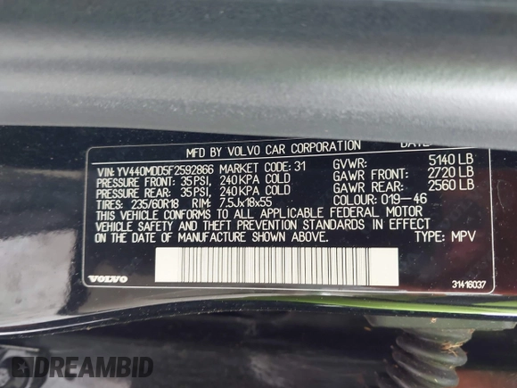 2015 Volvo XC60 T5 Drive-E Platinum with VIN YV440MDD5F2592866, listed as a IAAI auction lot 42544779 with 204,967 mi miles and . Bid and sale history available at DreamBid. Image 9.