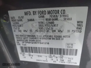 2007 Ford F-150 XLT with VIN 1FTPW12V97FB41216, listed as a IAAI auction lot 41754015 with 248,938 mi miles. Bid and sale history available at carsss.com. Image 9.