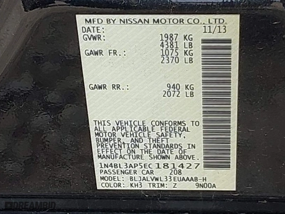 2014 Nissan Altima 3.5 SL with VIN 1N4BL3AP5EC181427, listed as a IAAI auction lot 41526676 with 118,987 mi miles. Bid and sale history available at carsss.com. Image 9.