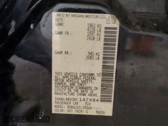 2019 Nissan Altima S z VIN 1N4BL4BV3KC147484, wystawiony jako Copart lot #54048575 z przebiegiem 150 083 mil mil oraz Czysty tytuł • Clean title. Historia ofert i sprzedaży dostępna na DreamBid. Obrazek 12.