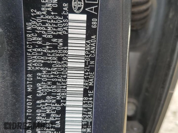 2013 Toyota Corolla L with VIN 2T1BU4EE4DC939284, listed as a Copart auction lot 52821715 with 38,077 mi miles and Clean Title. Bid and sale history available at DreamBid. Image 13.