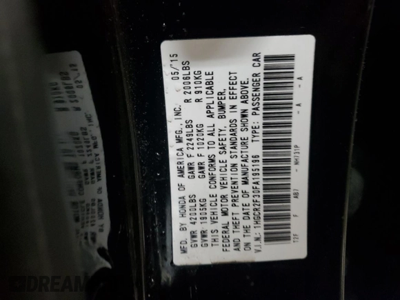 2015 Honda Accord Sedan LX with VIN 1HGCR2F30FA195196, listed as a Copart auction lot 89205545 with 137,051 mi miles and Salvage Title. Bid and sale history available at carsss.com. Image 13.