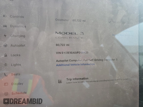 2018 Tesla Model 3 Long Range Battery with VIN 5YJ3E1EA0JF058425, listed as a Copart auction lot 52443635 with 80,722 mi miles and Salvage Title. Bid and sale history available at DreamBid. Image 9.