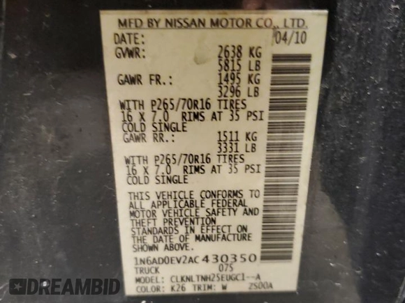 2010 Nissan Frontier SE with VIN 1N6AD0EV2AC430350, listed as a Copart auction lot 59498585 with Not provided miles and Salvage title. Bid and sale history available at DreamBid. Image 12.