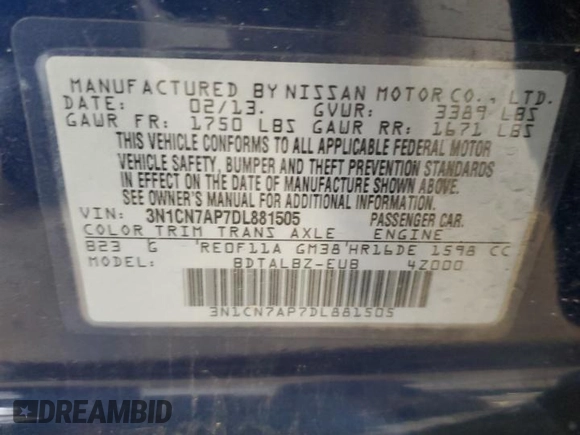 2013 Nissan Versa S with VIN 3N1CN7AP7DL881505, listed as a Copart auction lot 87924135 with 128,456 mi miles and Salvage title. Bid and sale history available at DreamBid. Image 12.
