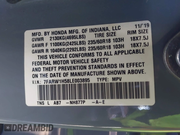 2020 Honda CR-V EX with VIN 7FARW1H58LE003895, listed as a IAAI auction lot 41841608 with 56,757 mi miles and . Bid and sale history available at carsss.com. Image 9.