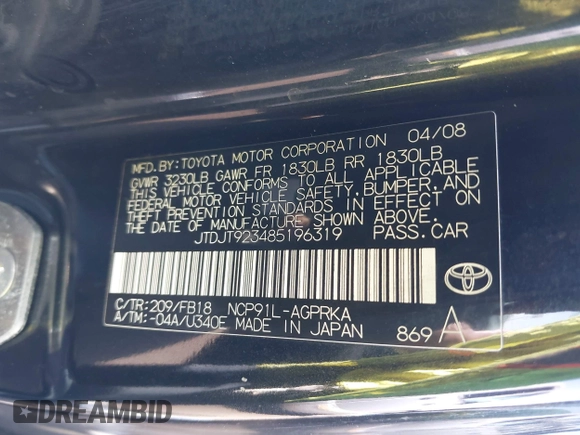 2008 Toyota Yaris with VIN JTDJT923485196319, listed as a IAAI auction lot 42051874 with 183,852 mi miles and . Bid and sale history available at carsss.com. Image 9.