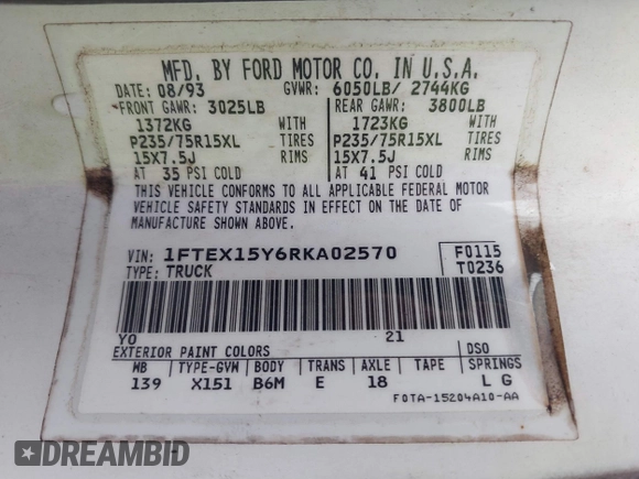 1994 Ford F-150 with VIN 1FTEX15Y6RKA02570, listed as a IAAI auction lot 41092354 with Not provided miles and . Bid and sale history available at DreamBid. Image 9.