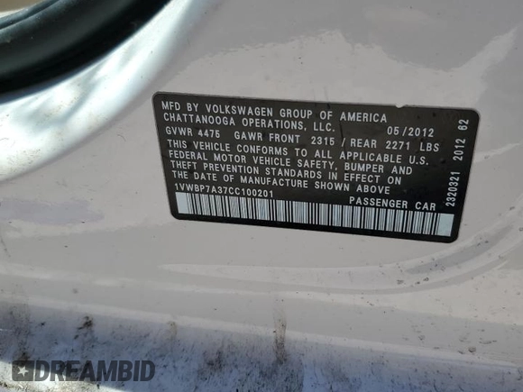 2012 Volkswagen Passat SE with VIN 1VWBP7A37CC100201, listed as a Copart auction lot 72813234 with Not provided miles and Salvage title. Bid and sale history available at DreamBid. Image 12.