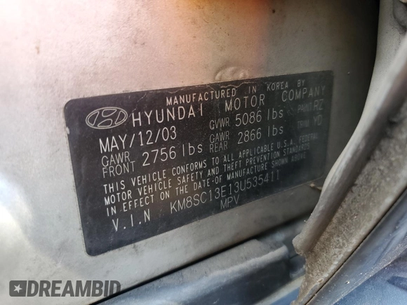 2003 Hyundai Santa Fe GLS with VIN KM8SC13E13U535411, listed as a Copart auction lot 72183444 with 189,961 mi miles and Salvage Title. Bid and sale history available at carsss.com. Image 13.