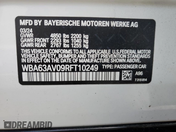 2024 BMW 4 Series 430i with VIN WBA63AV09RFT10249, listed as a Copart auction lot 82313354 with 11,951 mi miles and Clean Title. Bid and sale history available at carsss.com. Image 12.