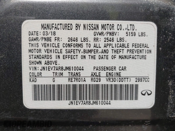 2018 Infiniti Q50 3.0t LUXE with VIN JN1EV7AR8JM610044, listed as a IAAI auction lot 41733252 with 116,320 mi miles. Bid and sale history available at carsss.com. Image 9.