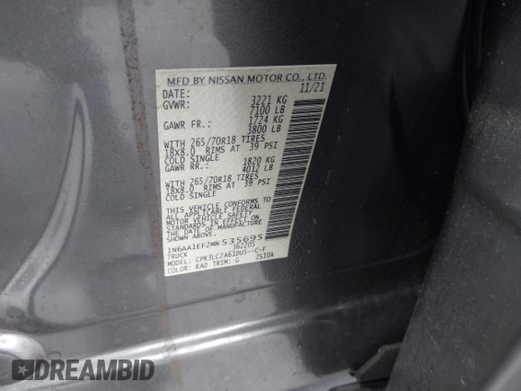 2021 Nissan Titan SV z VIN 1N6AA1EF2MN535695, wystawiony jako IAAI lot #41655071 z przebiegiem 48 727 mil mil oraz . Historia ofert i sprzedaży dostępna na DreamBid. Obrazek 9.