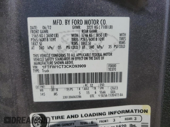 2012 Ford F-150 XL z VIN 1FTFW1CT3CKD93909, wystawiony jako Copart lot #56686405 z przebiegiem 211 700 mil mil oraz Szkody całkowita. Historia ofert i sprzedaży dostępna na DreamBid. Obrazek 12.