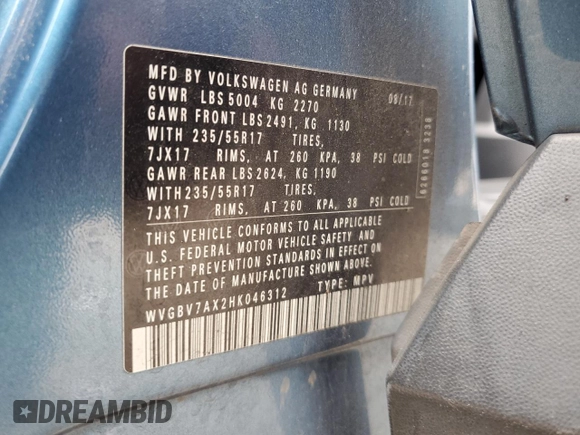 2017 Volkswagen Tiguan S with VIN WVGBV7AX2HK046312, listed as a Copart auction lot 42393295 with 94,814 mi miles and Salvage Title. Bid and sale history available at DreamBid. Image 16.