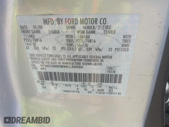 2009 Ford Escape Limited with VIN 1FMCU94G89KC50550, listed as a IAAI auction lot 33489611 with 193,856 mi miles and . Bid and sale history available at DreamBid. Image 9.