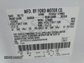 2010 Ford F-150 XL z VIN 1FTFX1CV5AKE47416, wystawiony jako Copart lot #65258895 z przebiegiem 260 458 mil mil oraz Czysty tytuł • Clean title. Historia ofert i sprzedaży dostępna na DreamBid. Obrazek 12.