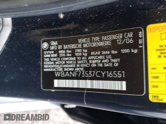 2007 BMW 5 Series 530xi with VIN WBANF73537CY16551, listed as a Copart auction lot 42443745 with 129,104 mi miles and Salvage Title. Bid and sale history available at carsss.com. Image 14.