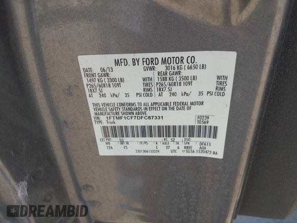 2013 Ford F-150 XL with VIN 1FTMF1CF7DFC87331, listed as a IAAI auction lot 42543166 with 222,970 mi miles and . Bid and sale history available at DreamBid. Image 9.