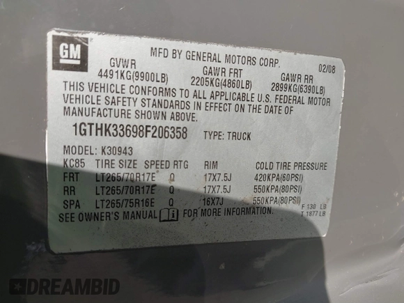 2008 GMC Sierra 3500HD SRW SLT z VIN 1GTHK33698F206358, wystawiony jako IAAI lot #41395304 z przebiegiem 280 645 mil mil oraz . Historia ofert i sprzedaży dostępna na DreamBid. Obrazek 9.