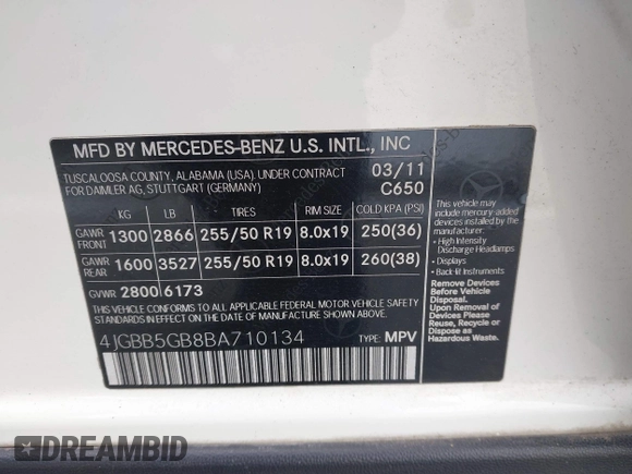 2011 Mercedes-Benz M 350 with VIN 4JGBB5GB8BA710134, listed as a IAAI auction lot 42185504 with 133,057 mi miles and . Bid and sale history available at DreamBid. Image 9.